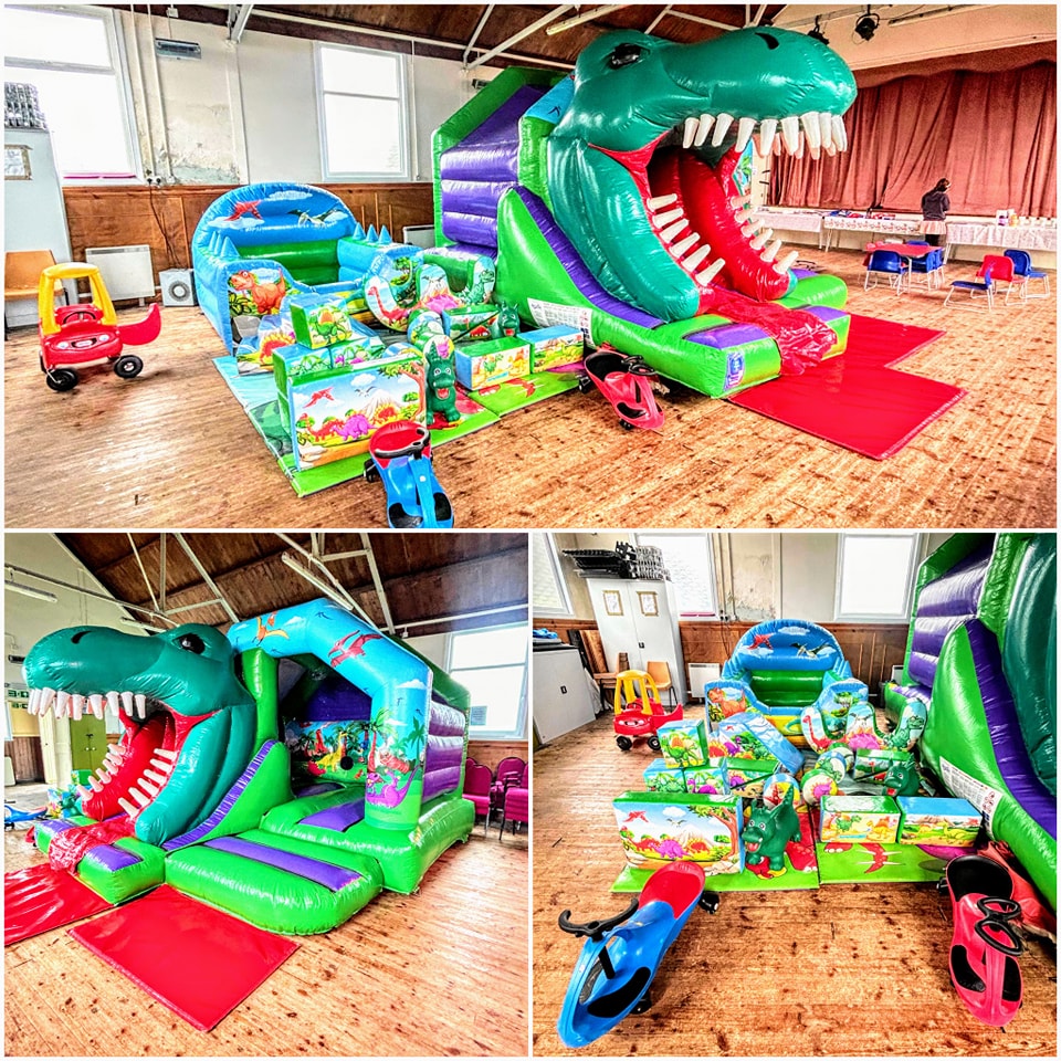  3D Dinosaur Disco castle/slide combo, Dinosaur Soft Play & Ball Pool, Bluetooth sound system, Didi cars and hoppers.