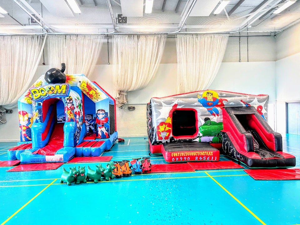 Superhero Disco Castle/Slide Combo, 3D Superhero Castle/Slide Combo, Bluetooth Speaker System, and Didi Cars & Hoppers Superhero Disco Castle/Slide Combo, 3D Superhero Castle/Slide Combo, Bluetooth Speaker System, and Didi Cars & Hoppers