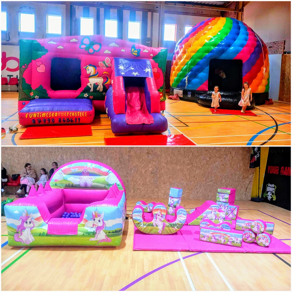 Fun Times Bouncy Castles in Robert Davies Gym in Llanelli Unicorn Disco Castle/Slide Combo , Candytwist Disco Dome, Unicorn Soft Play & Ball pool