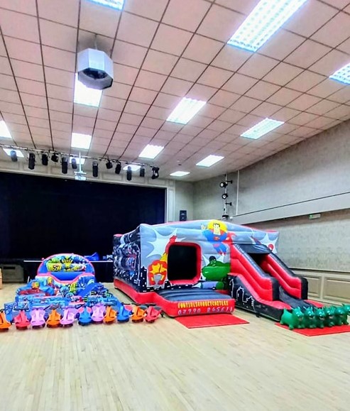 Superhero Disco castle/slide combo, Superhero Soft Play & Ball Pool, Didi cars & Hoppers,